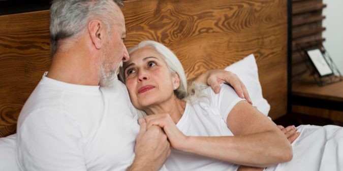 Senior couple chatting online safely